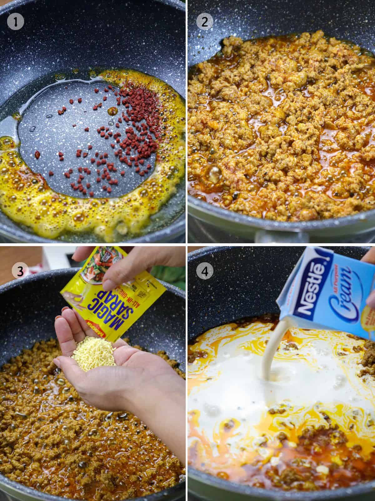 cooking creamy palabok sauce with ground pork and Nestle All-Purpose cream in a pan.