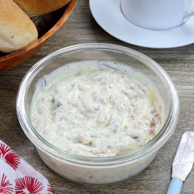 Ham Sandwich Spread in a clear jar.