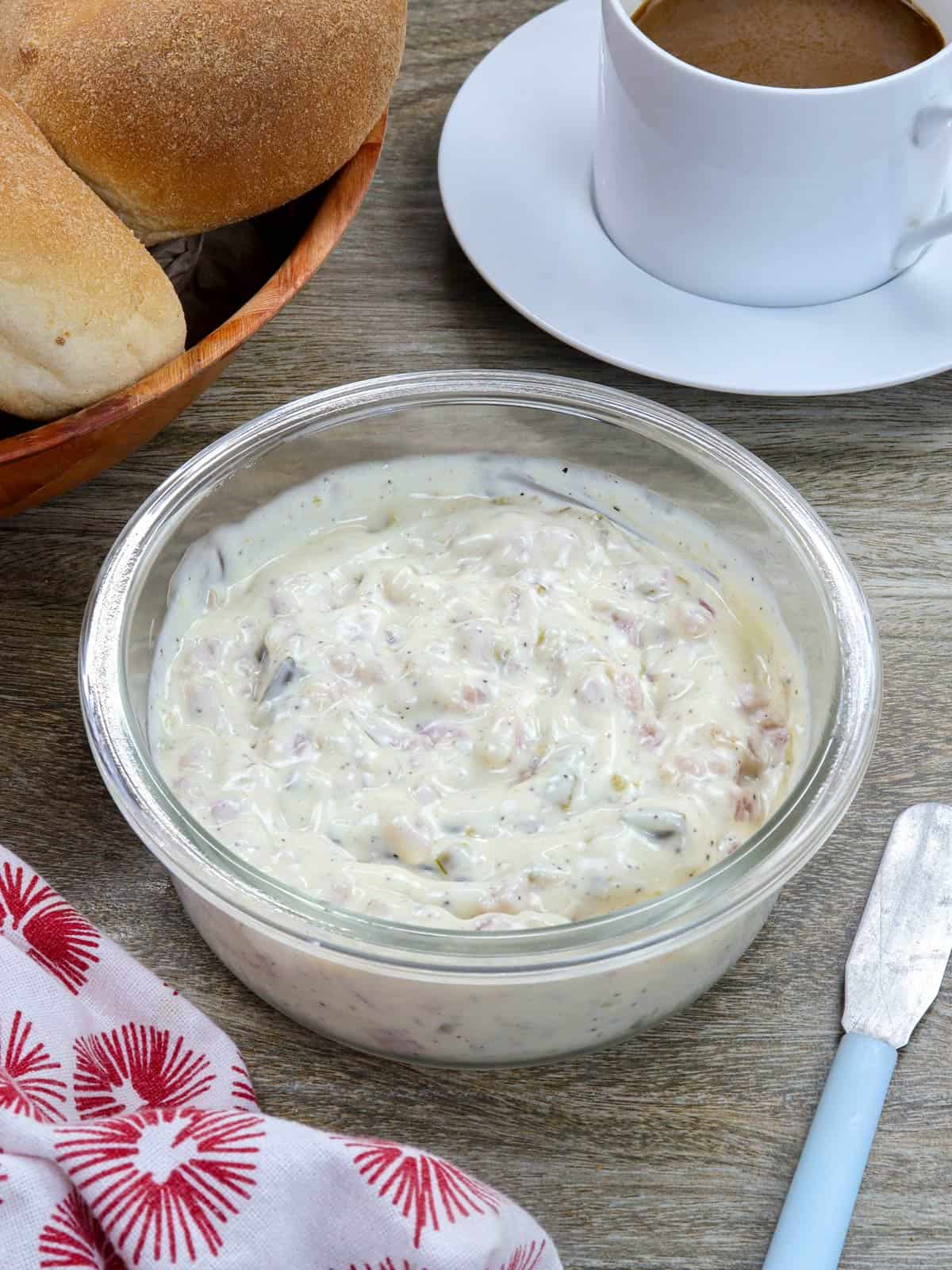 Ham Sandwich Spread in a clear jar.