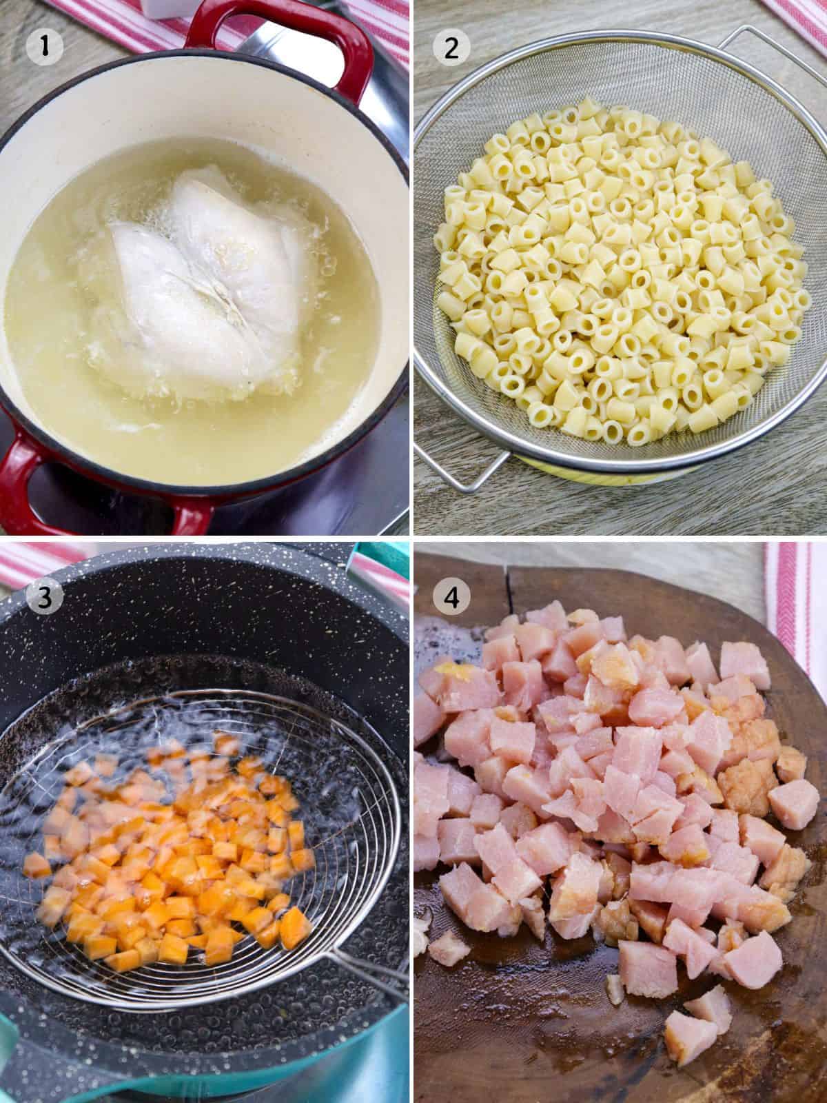 cooking chicken, ham, carrots, and pasta for salad.