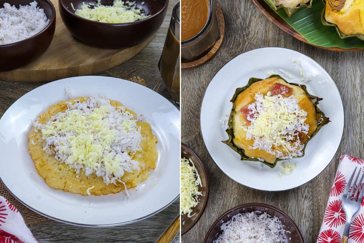 bibingka pancake and bibingka on white plates with shredded cheese and grated coconut topping.