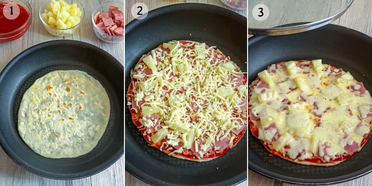 cooking no-yeast Hawaiian pizza in a pan on the stovetop.